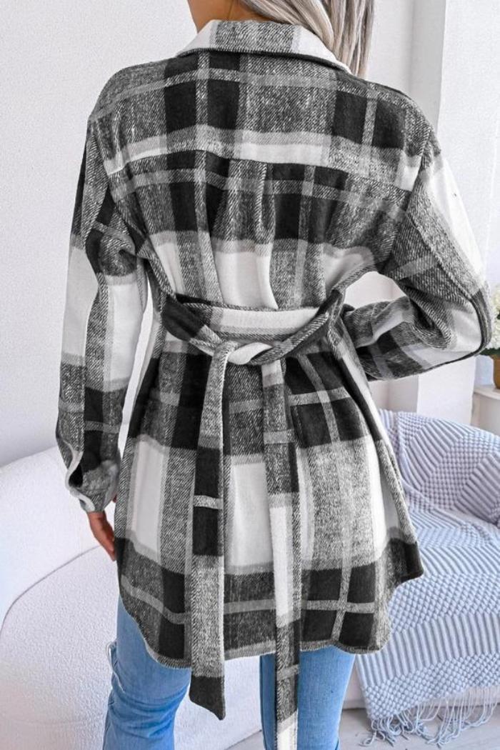 Women Belted Plaid Pattern Button Down Product Image
