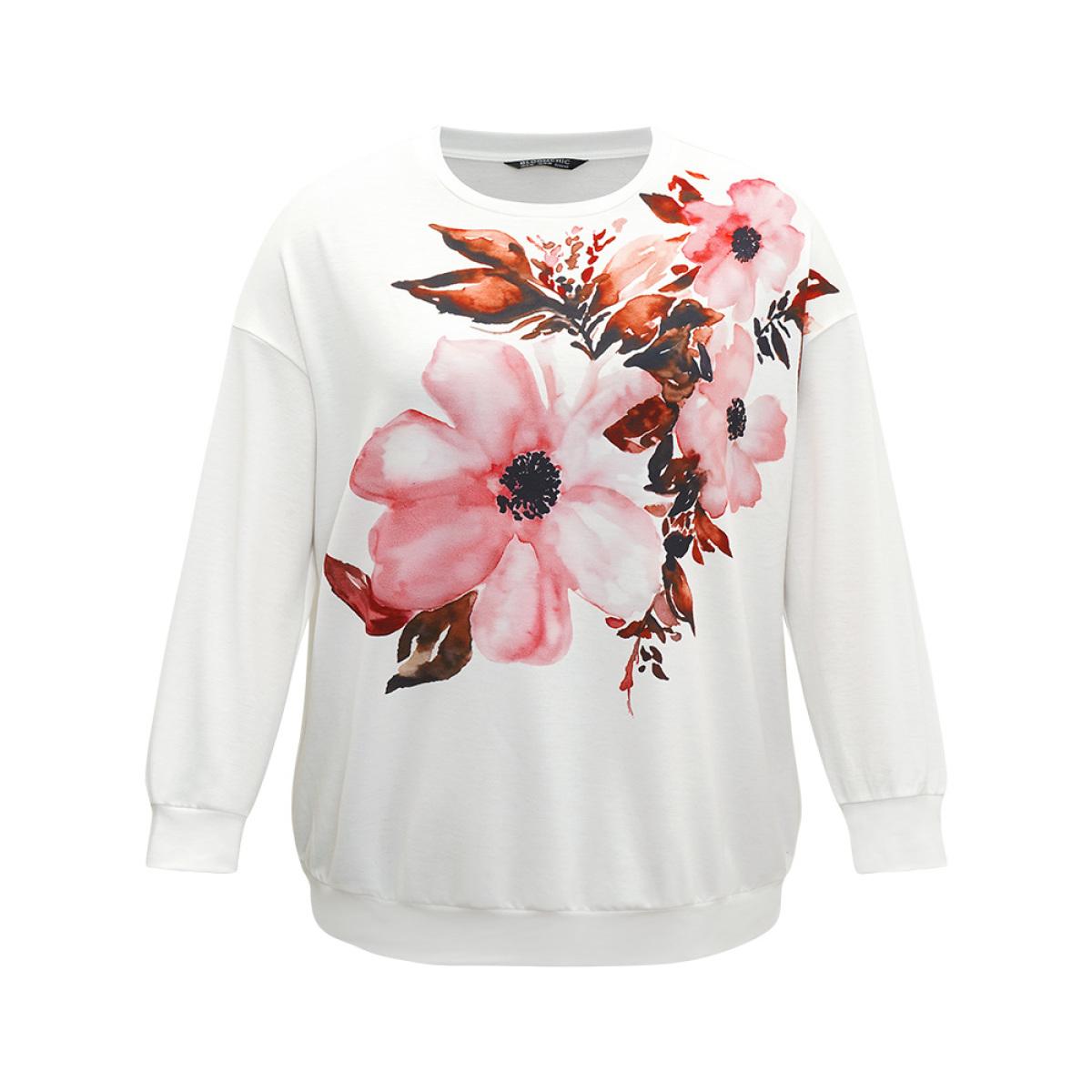 Plus Size Floral Round Neck Elastic Cuffs Sweatshirt Women White Casual Elastic cuffs Round Neck Dailywear Sweatshirts BloomChic 18-20/2X Product Image