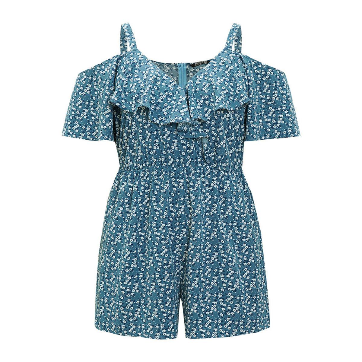 Plus Size Stone Ditsy Floral Pocket Zipper Ruffle Cold Shoulder Romper Women Casual Short sleeve Spaghetti Strap Dailywear Loose Jumpsuits BloomChic 22-24/3X Product Image