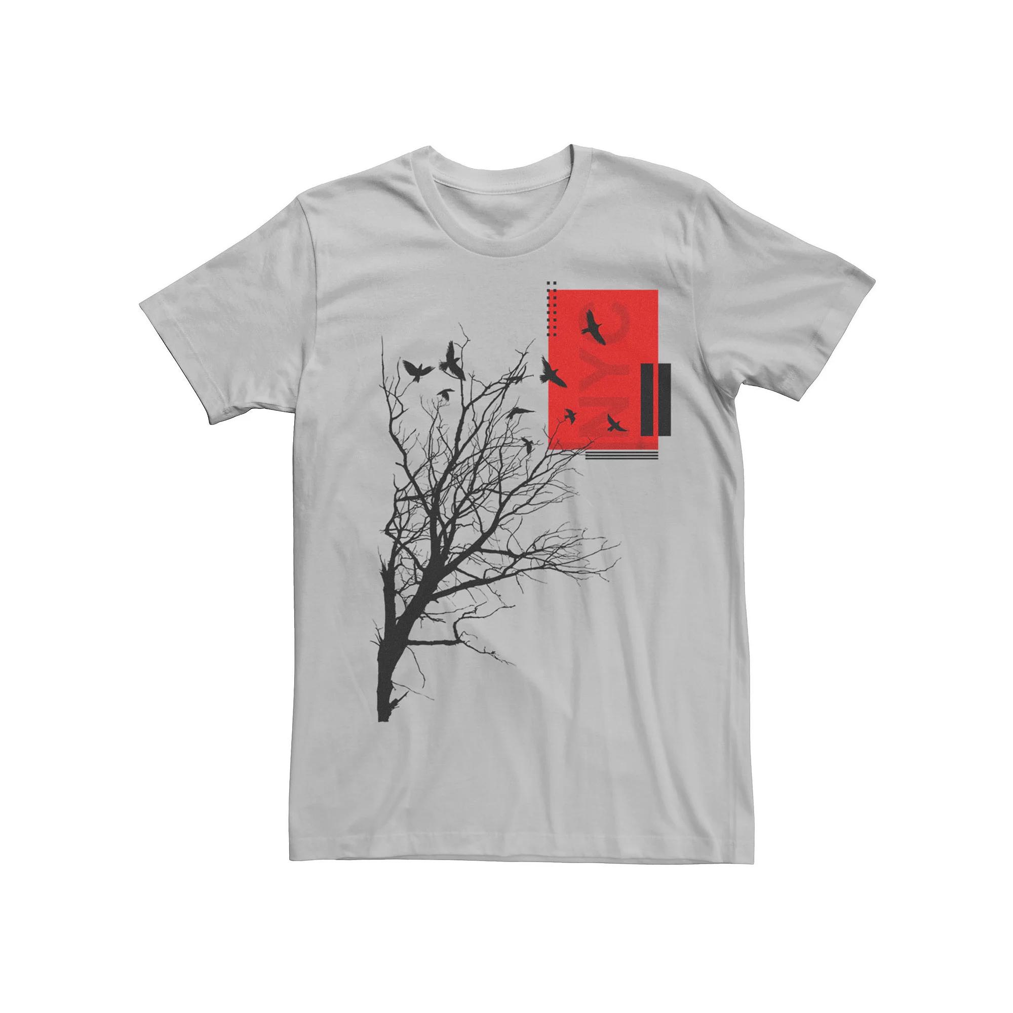 Men's Flying Birds Branches Silhouettes Graphic Tee, Size: XL, Silver Product Image