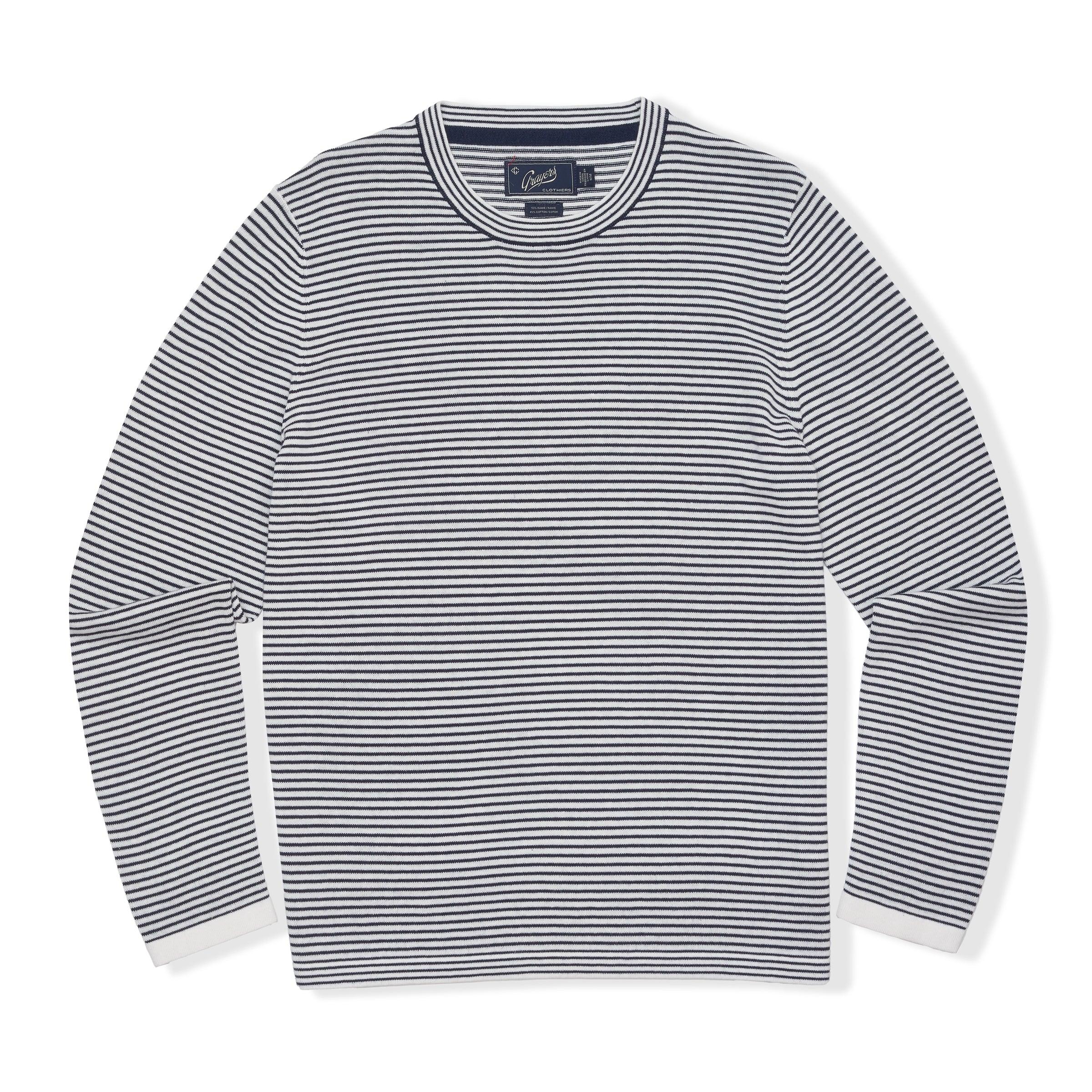Peter Stripe Ramie Cotton  Crew - Navy Cream Stripe Product Image