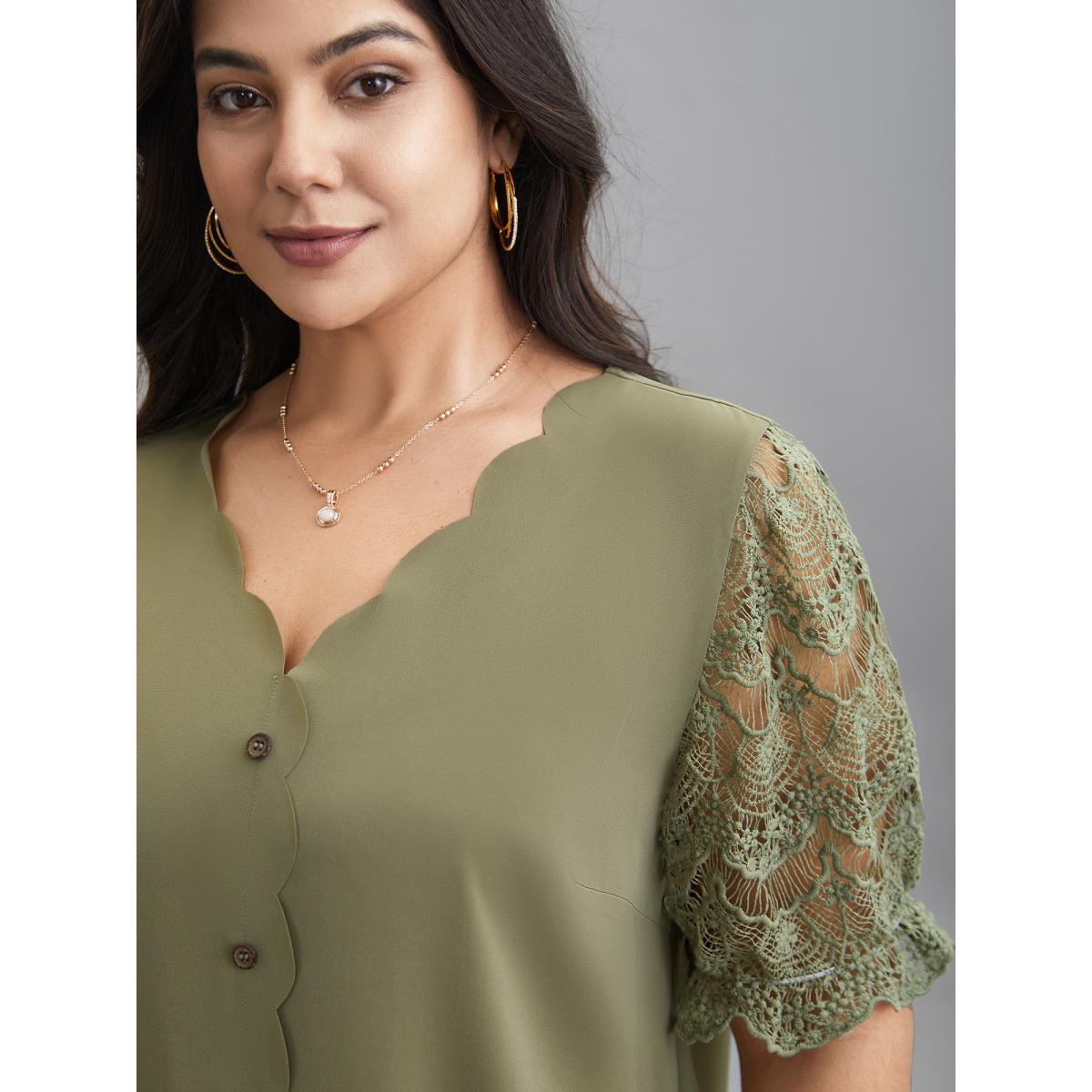 Plus Size Sage Lace Patchwork Scalloped Neck Front-Placket Blouse Women Elegant Half Sleeve V-neck Everyday Blouses BloomChic 12/L Product Image