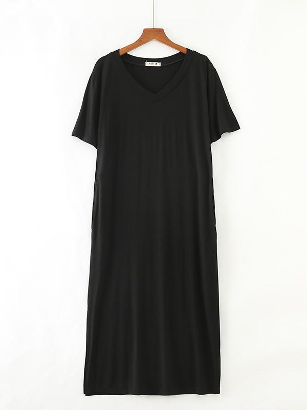 Simple Short Sleeves Loose Split-Side Solid Color V-Neck Pajamas Dress Product Image