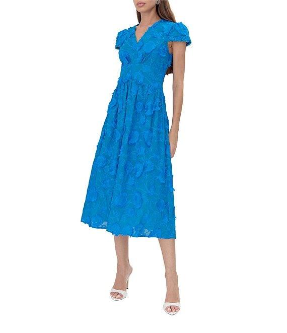 Adelyn Rae Embroidered V Neck Short Sleeve A-Line Midi Dress Product Image