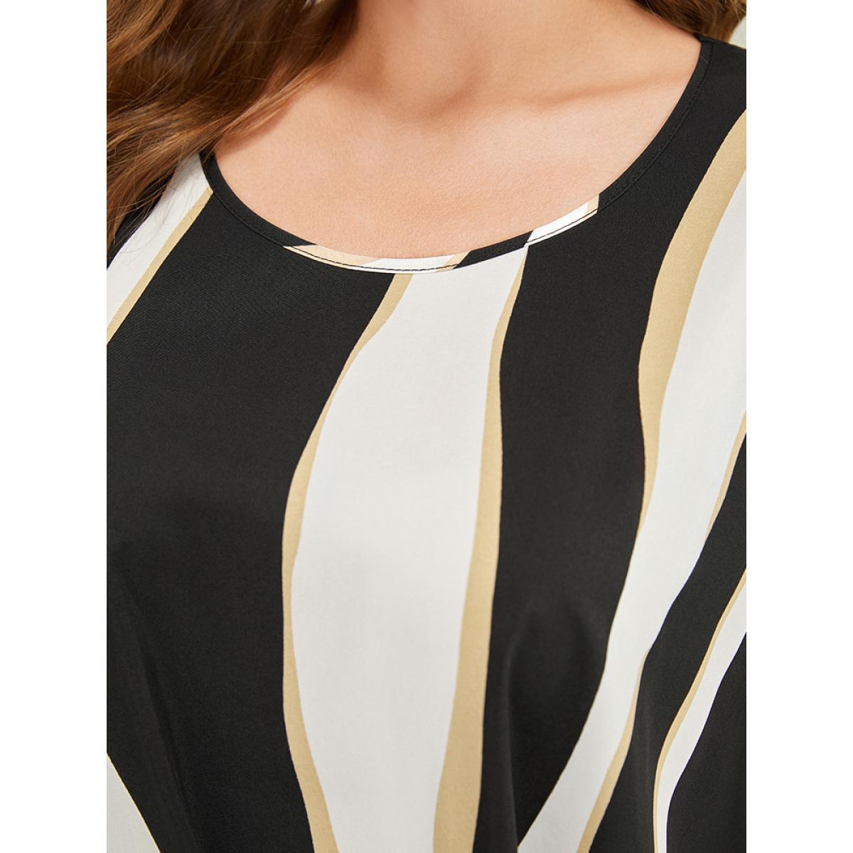 Plus Size Multicolor Geometric Contrast Batwing Sleeve Knot Hem Blouse Women Office Short sleeve Round Neck Dailywear Blouses BloomChic 22-24/3X Product Image