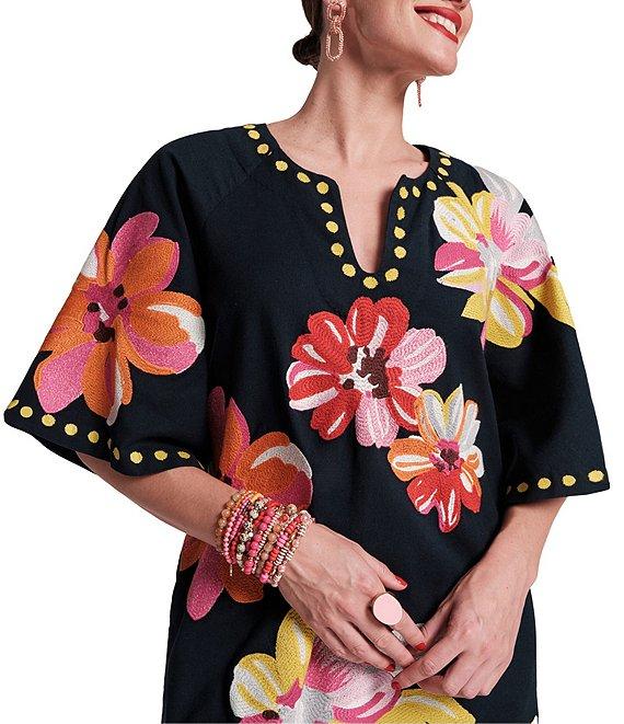FRANCES VALENTINE Charming Floral Print Split Scoop Neck 3/4 Sleeve Dress Product Image
