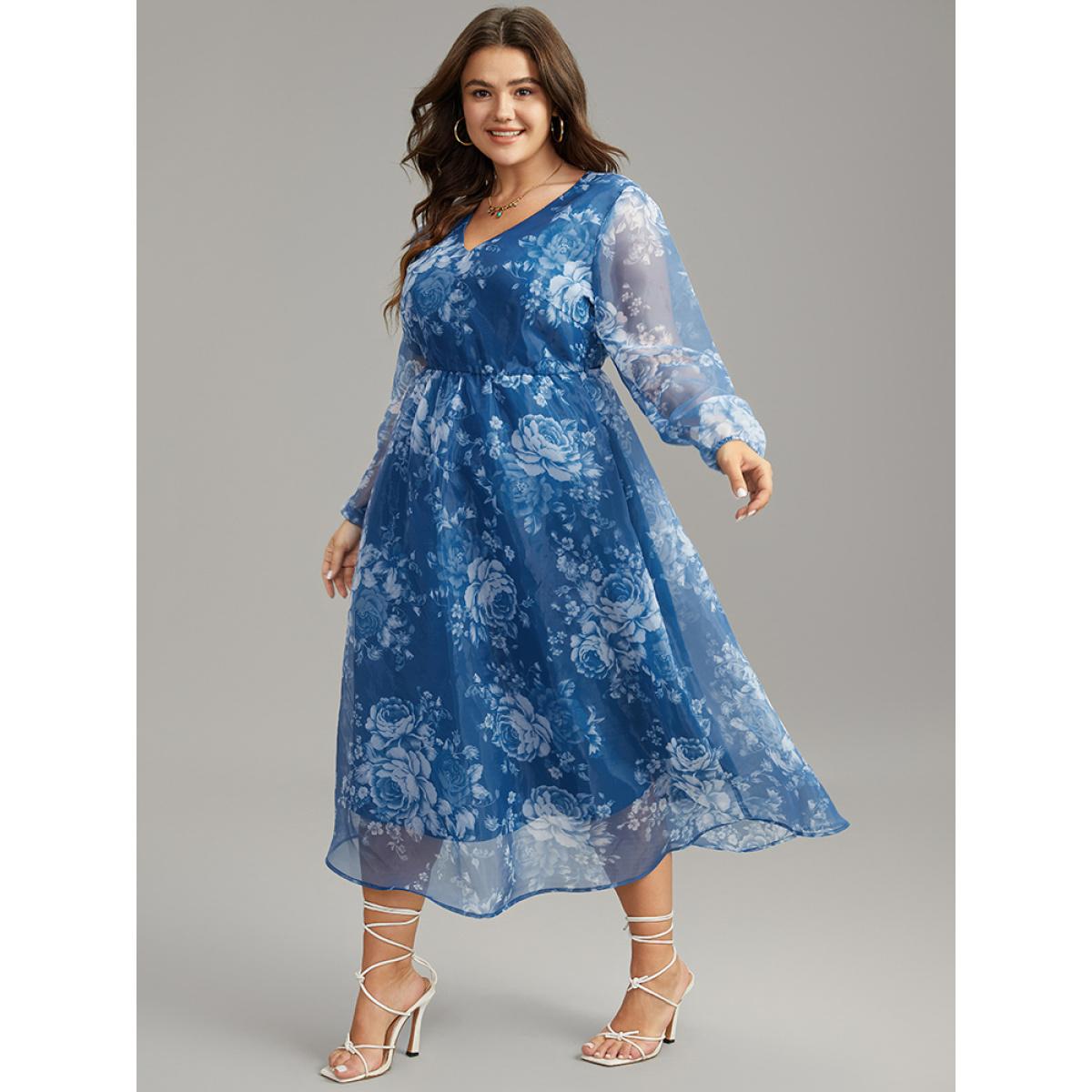 Plus Size Silhouette Floral Print Elastic Cuffs Mesh Dress Cerulean Women Elegant Elastic cuffs V-neck Long Sleeve Curvy Midi Dress BloomChic 10/M Product Image