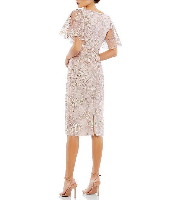 Mac Duggal Floral Embellished Mesh V-Neck Flutter Short Sleeve Sheath Dress Product Image