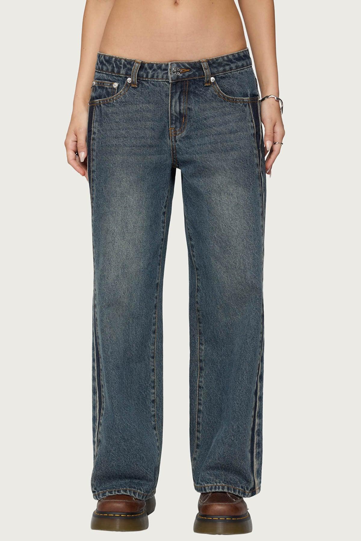 Petite Contrast Panel Low Rise Baggy Jeans Product Image
