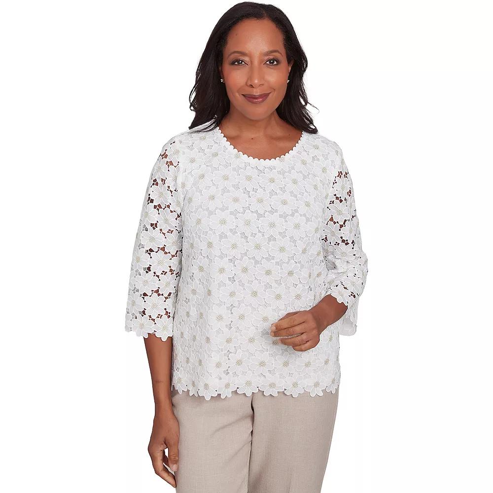 Women's Alfred Dunner Daisy Woven Lace Crewneck Top, Size: Large, Ivory Product Image