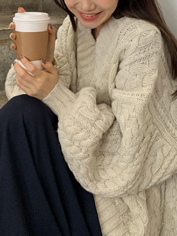 V Neck Pullover Cable Knit Sweater Product Image