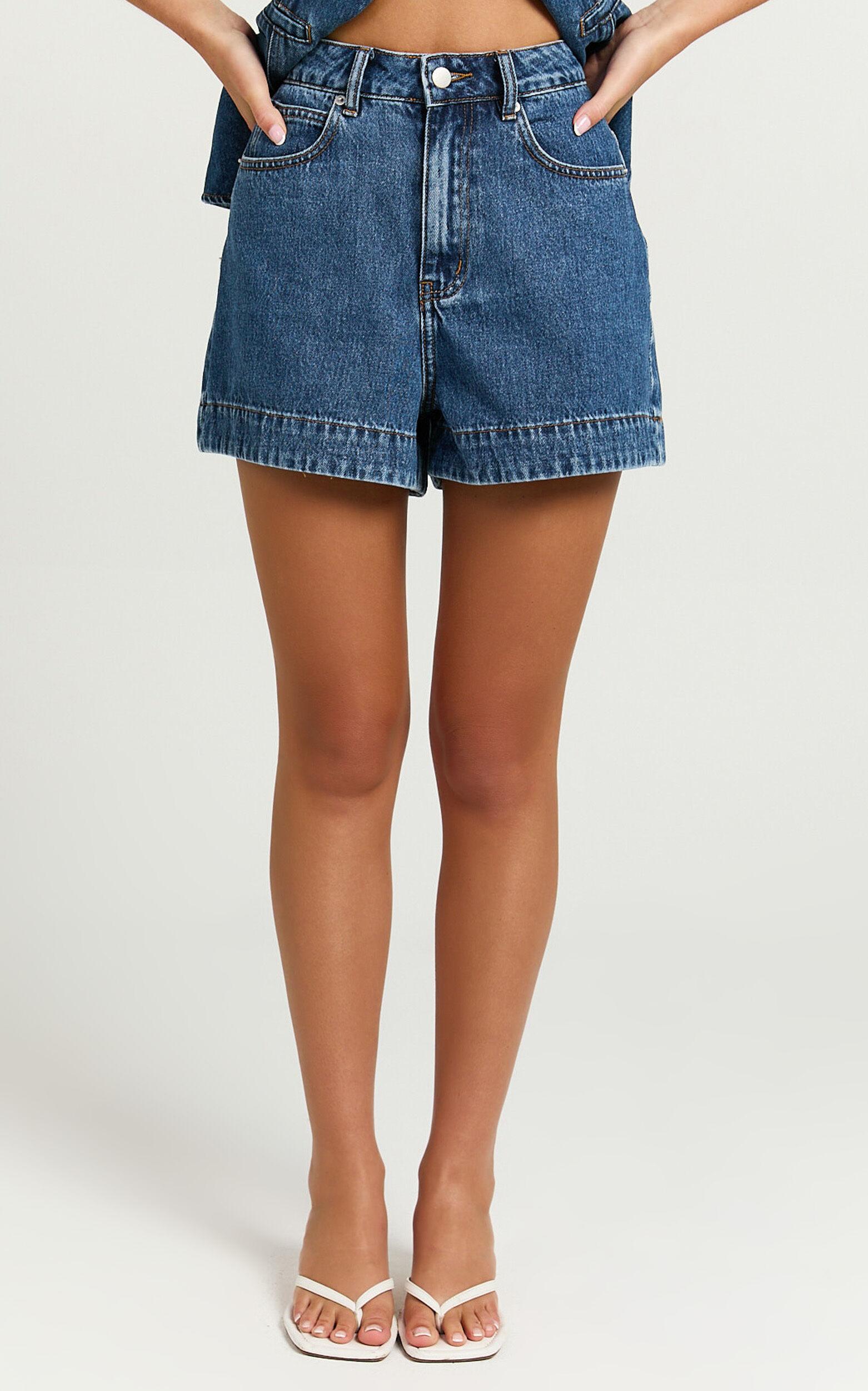 Rhianna Shorts - Mid Waist Recycled Denim Shorts in Dark Blue Wash Product Image