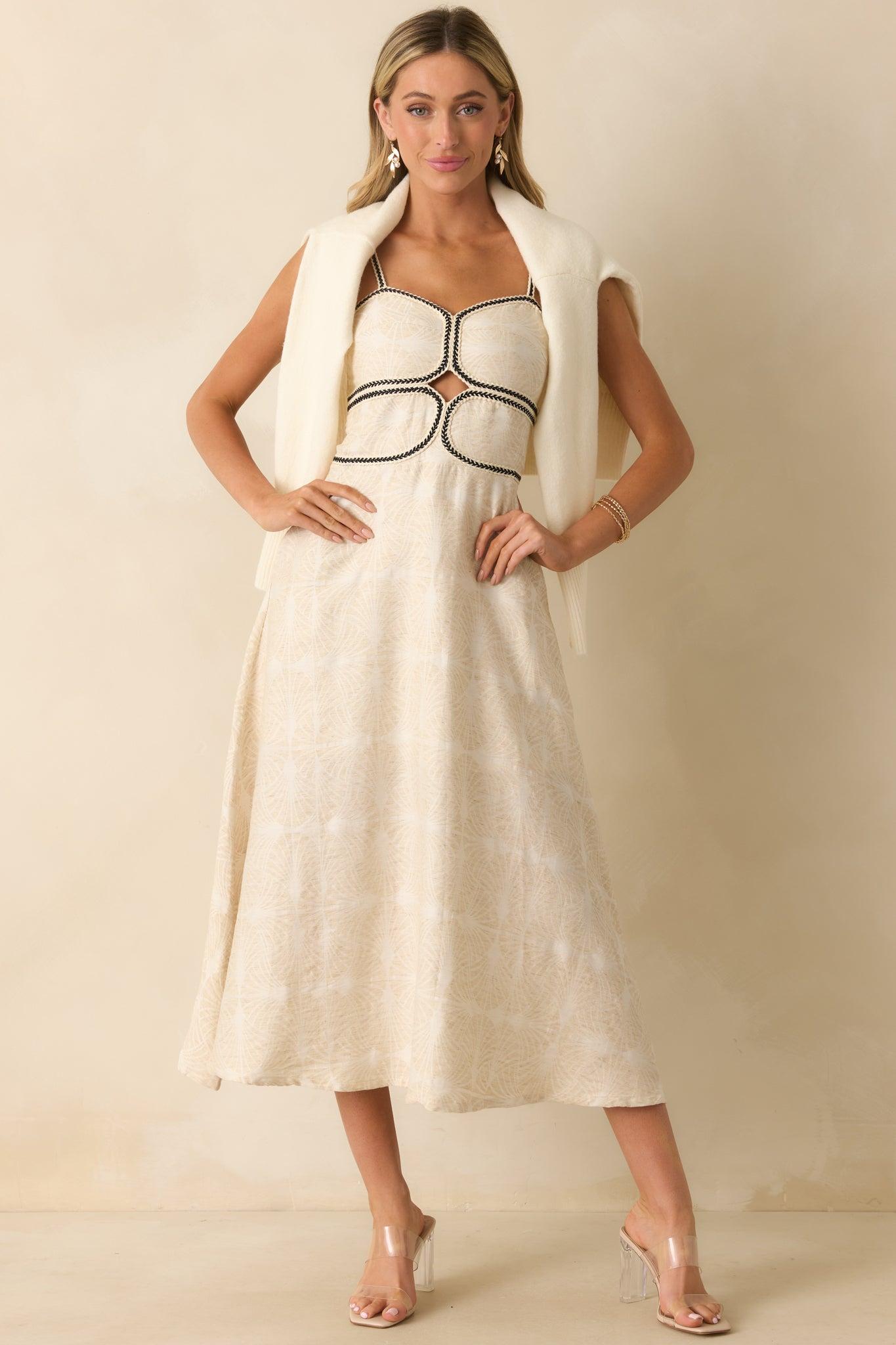 Right On Cue Light Beige Cotton Contrast Trim Sleeveless Maxi Dress L / Light Beige Product Image