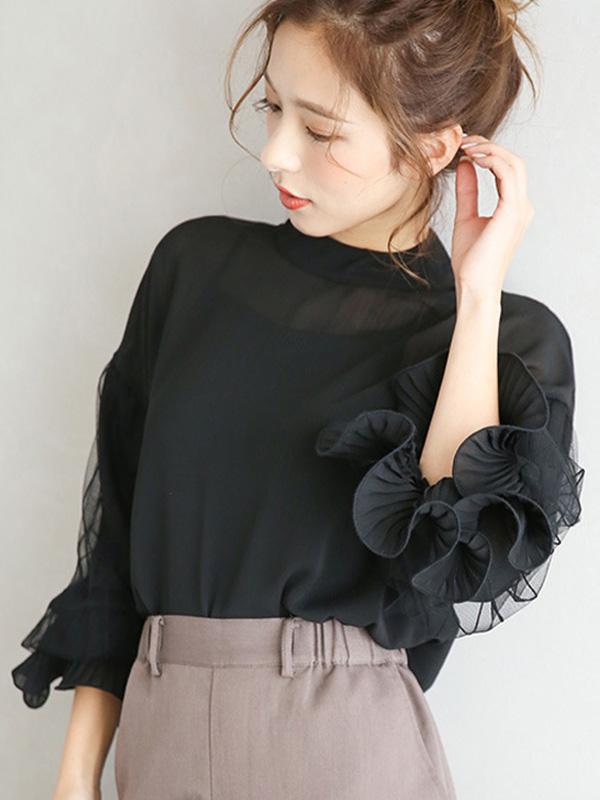 Simple Solid Color Puff Sleeve Mesh Splicing Chiffon Shirt Product Image
