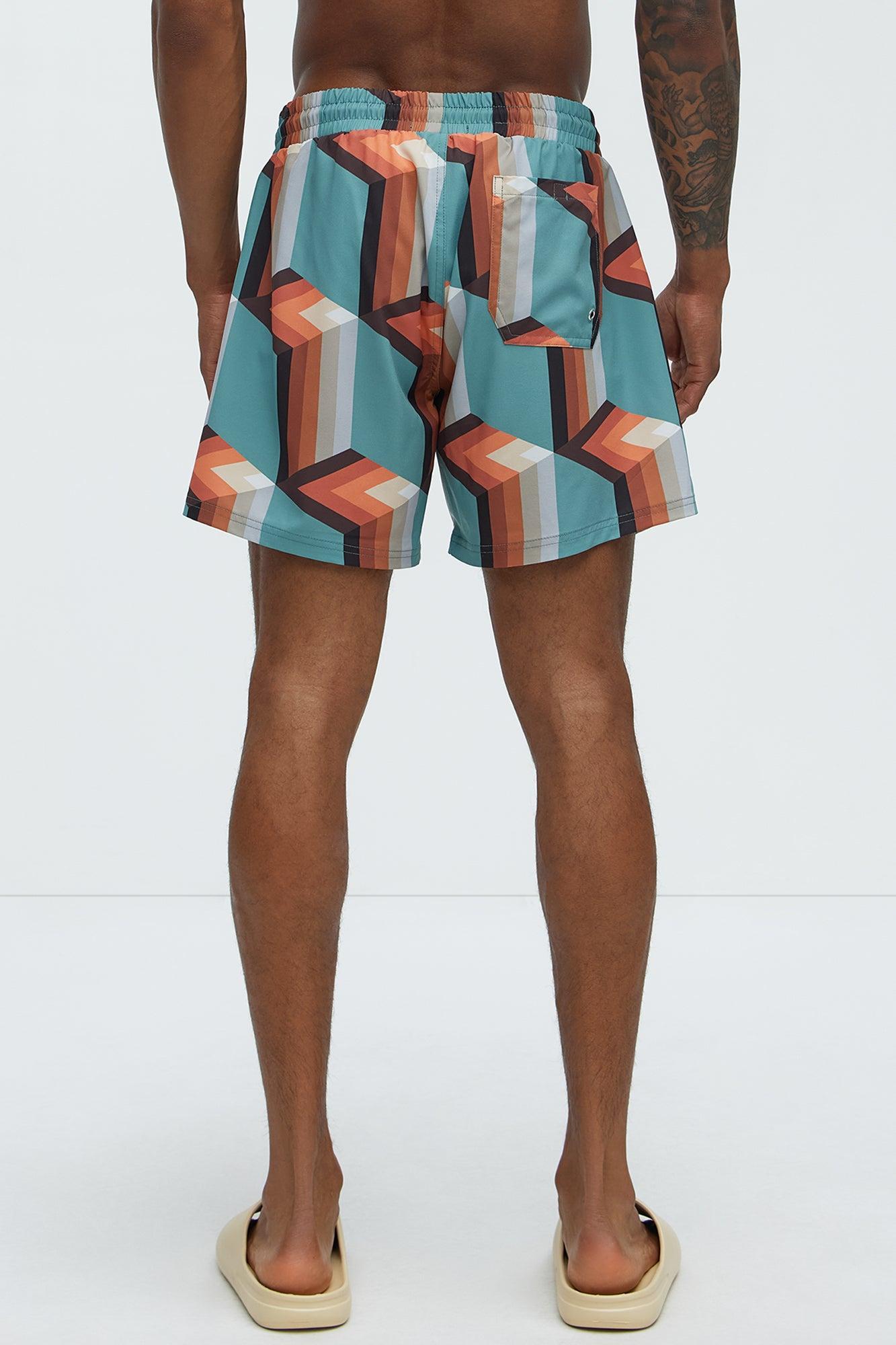 Retro Geometric Swim Mid Trunk - Teal/combo Product Image