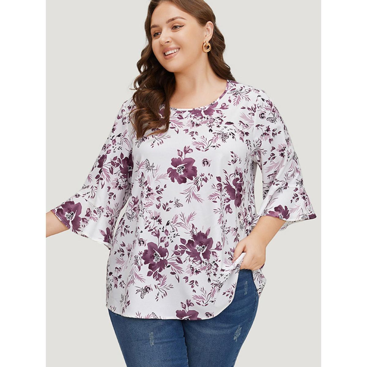 Plus Size Multicolor Floral Print Bell Sleeve Crew Neck Blouse Women Elegant Elbow-length sleeve Round Neck Dailywear Blouses BloomChic 10/M Product Image