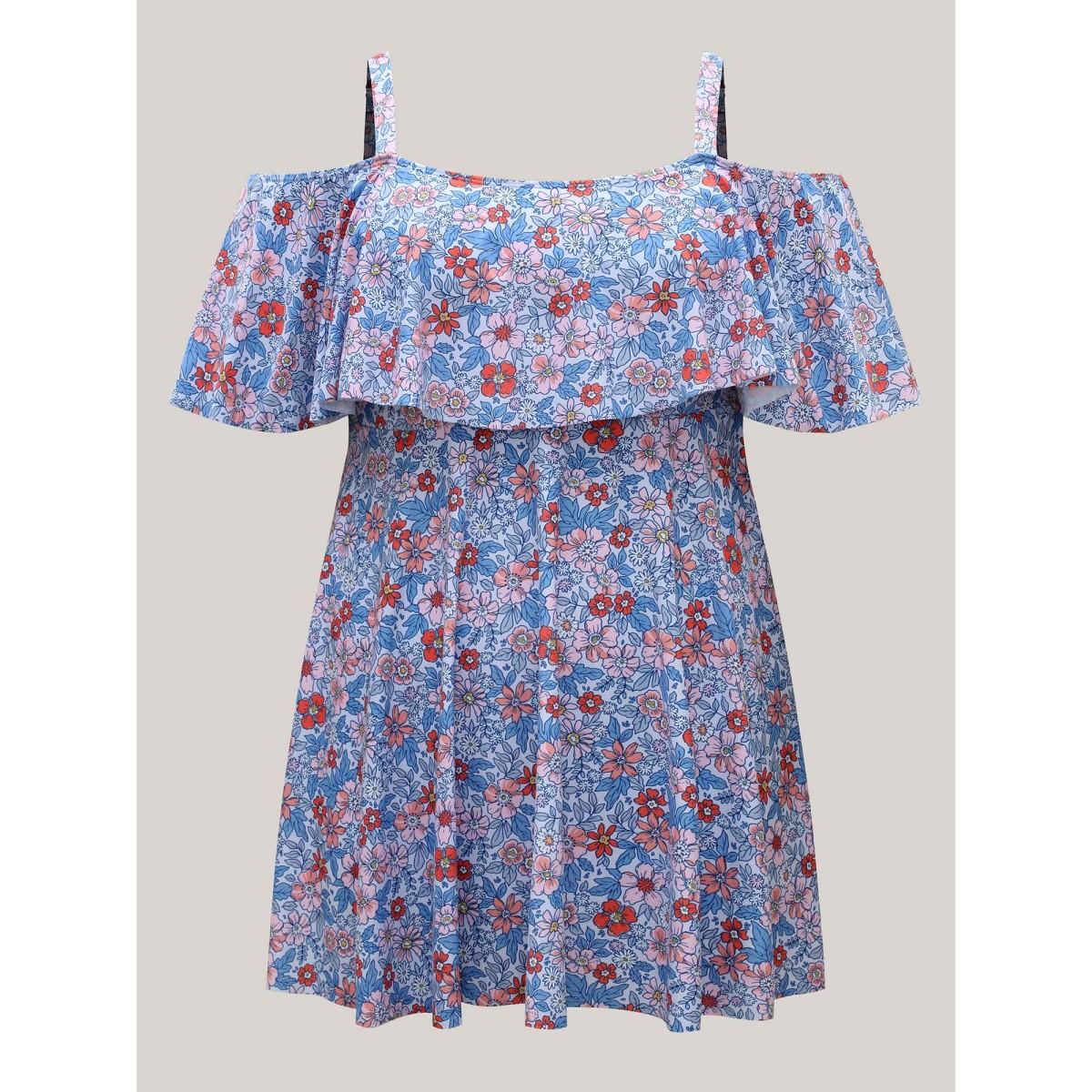 Plus Size Floral Cold-Shoulder Ruffled Swim Dress Women's Swimwear LightBlue Beach Bodycon One-shoulder neck High stretch Curve Swim Dresses BloomChic 30/6X Product Image