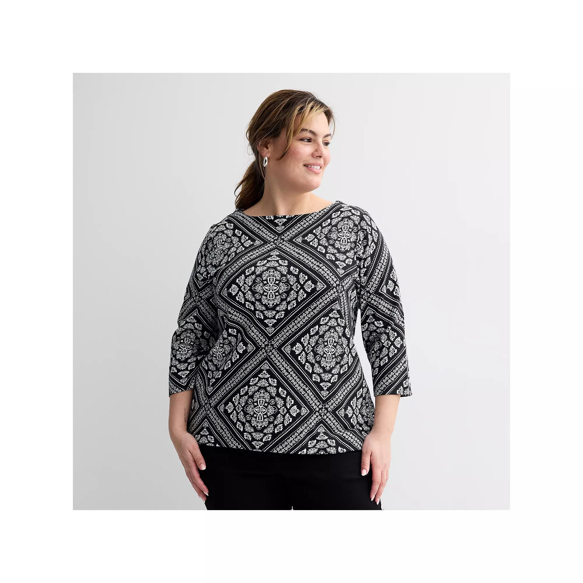 Plus Size Croft & Barrow® Boatneck Top, Women's, Size: 3XL, Black Scarf Tile Product Image
