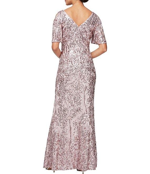 Alex Evenings Floral Sequin Cold Shoulder Short Flutter Sleeve V-Neck Sheath Long Gown Product Image