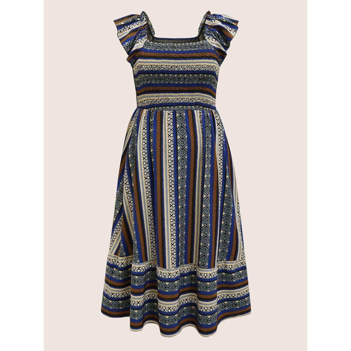 Plus Size Bandana Striped Shirred Ruffle Trim Dress Mediumblue Women Resort Shirred Square Neck Cap Sleeve Curvy BloomChic 18-20/2X Product Image