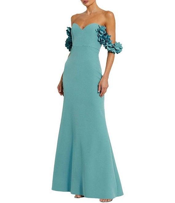 Mac Duggal Crepe Off-The-Shoulder Neck Draped Sleeve 3D Flower Gown Product Image