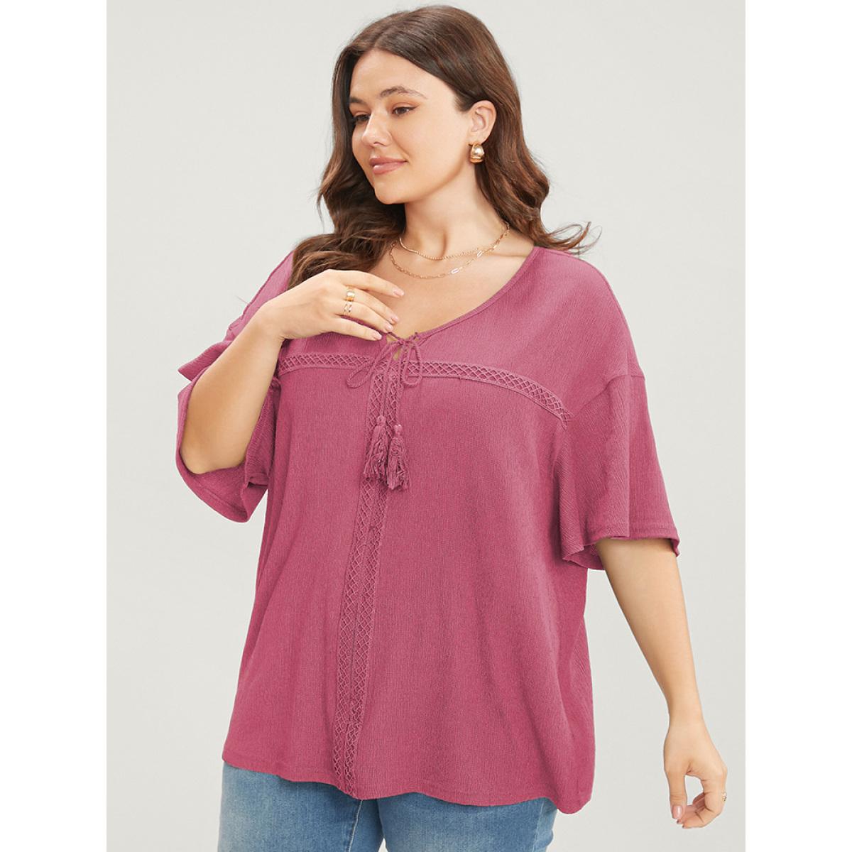 Plus Size RedViolet Solid Tassels Flounce Sleeve Lace Tie Neck Blouse Women Casual Short sleeve V-neck Dailywear Blouses BloomChic 10/M Product Image