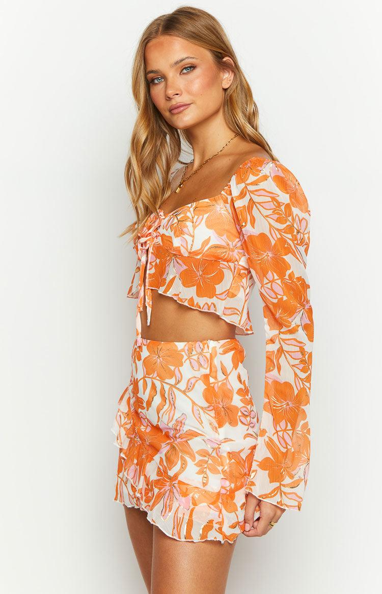 Jayella Orange Floral Mini Skirt Product Image