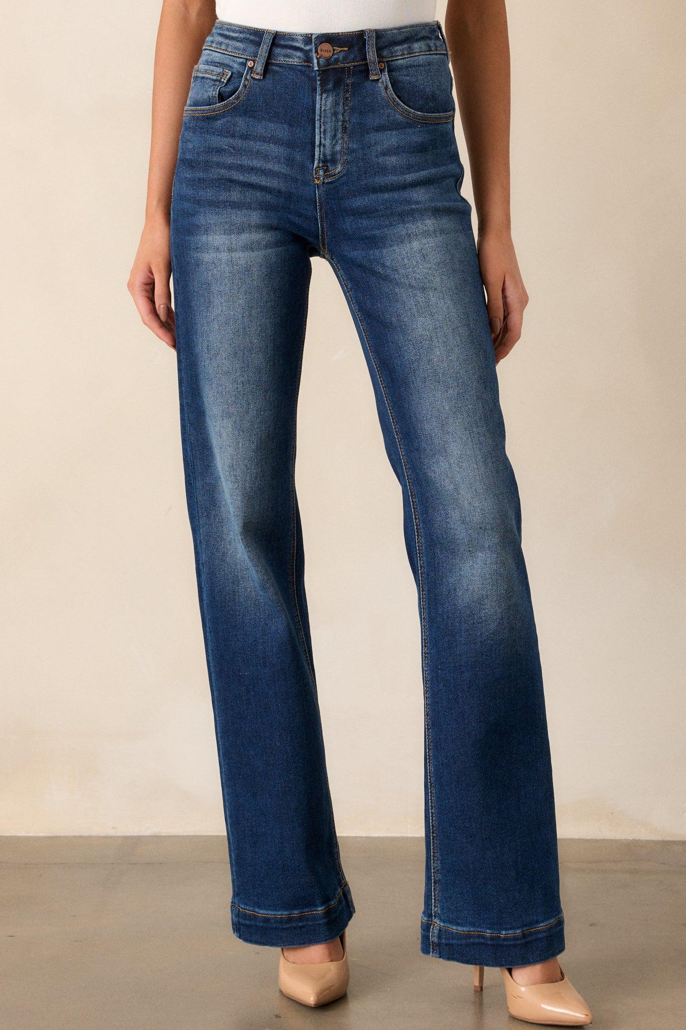 New Moon Rising Dark Wash Mid Rise Straight Leg Jeans Product Image