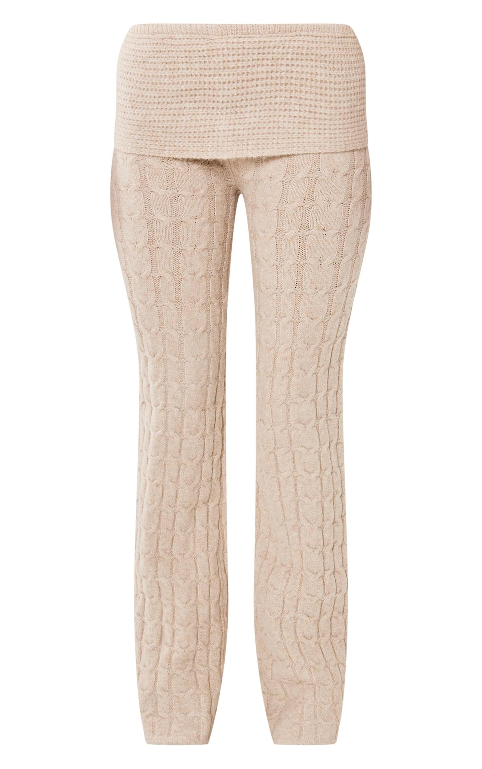 Oatmeal Marl Textured Knit Foldover Wide Leg Pants Product Image
