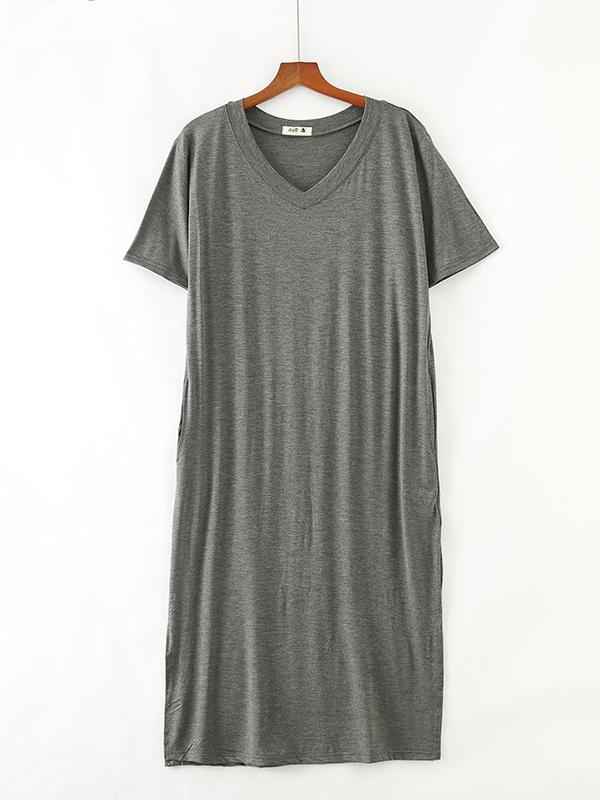 Simple Short Sleeves Loose Split-Side Solid Color V-Neck Pajamas Dress Product Image