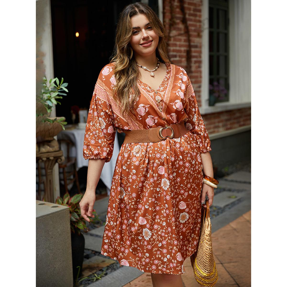 Plus Size Floral Print Elastic Cuffs Button Detail Dress Rust Women Vacation Elastic cuffs V-neck Half Sleeve Curvy Midi Dress BloomChic 30/6X Product Image