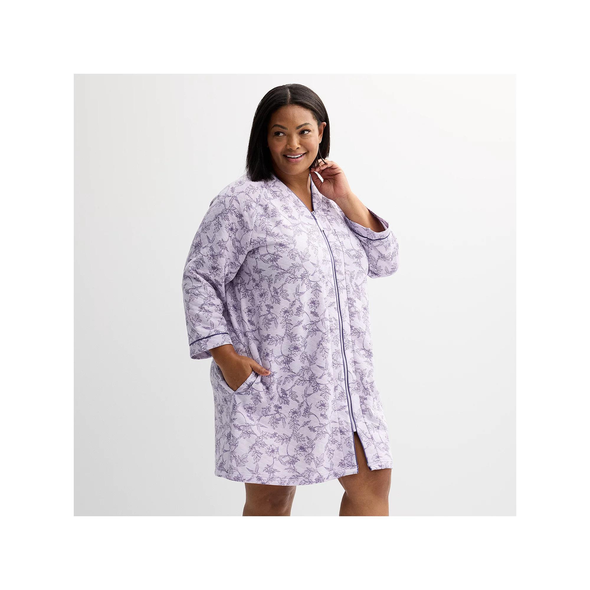 Plus Size Croft & Barrow® Quilted Zip Short Robe, Women's, Size: 3XL, Floral Bird Product Image