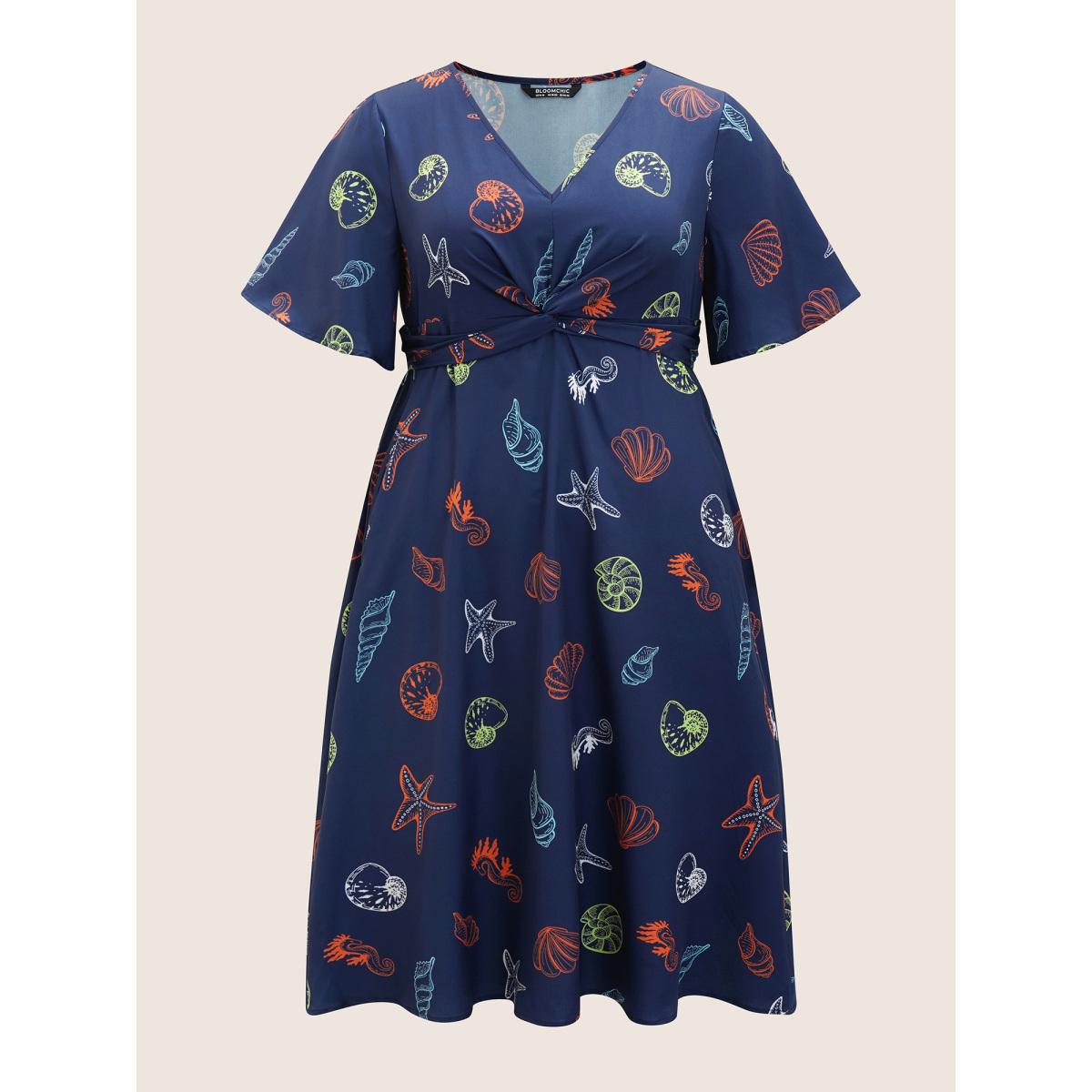 Plus Size Marine Elements Twist Front Elastic Waist Dress Navy Women Resort Twist V-neck Short sleeve Curvy BloomChic 30/6X Product Image