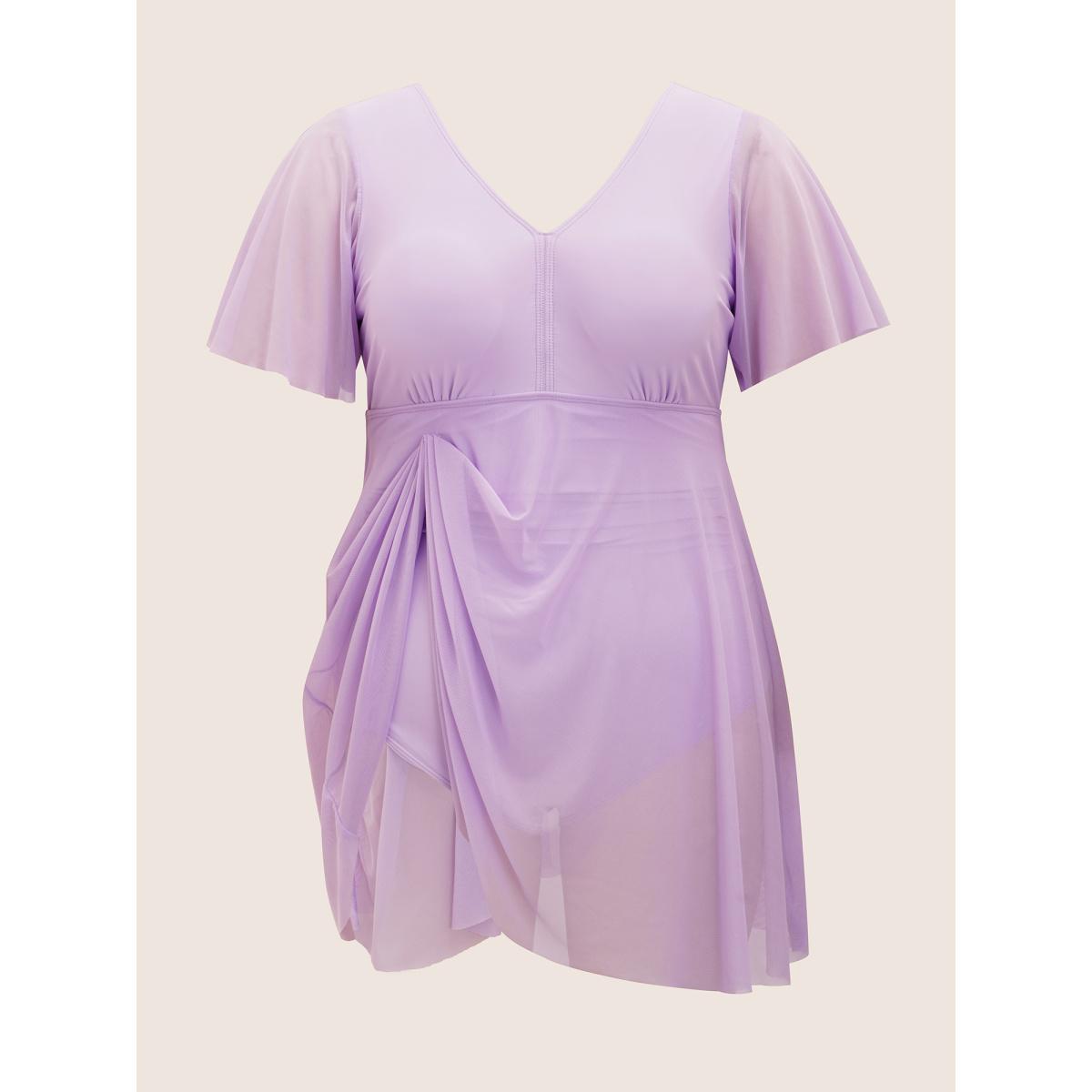 Plus Size Solid Patchwork See Through Ruffle Sleeve Swim Dress Women's Swimwear Lilac Beach Bodycon V-neck High stretch Curve Swim Dresses BloomChic 14-16/1X Product Image