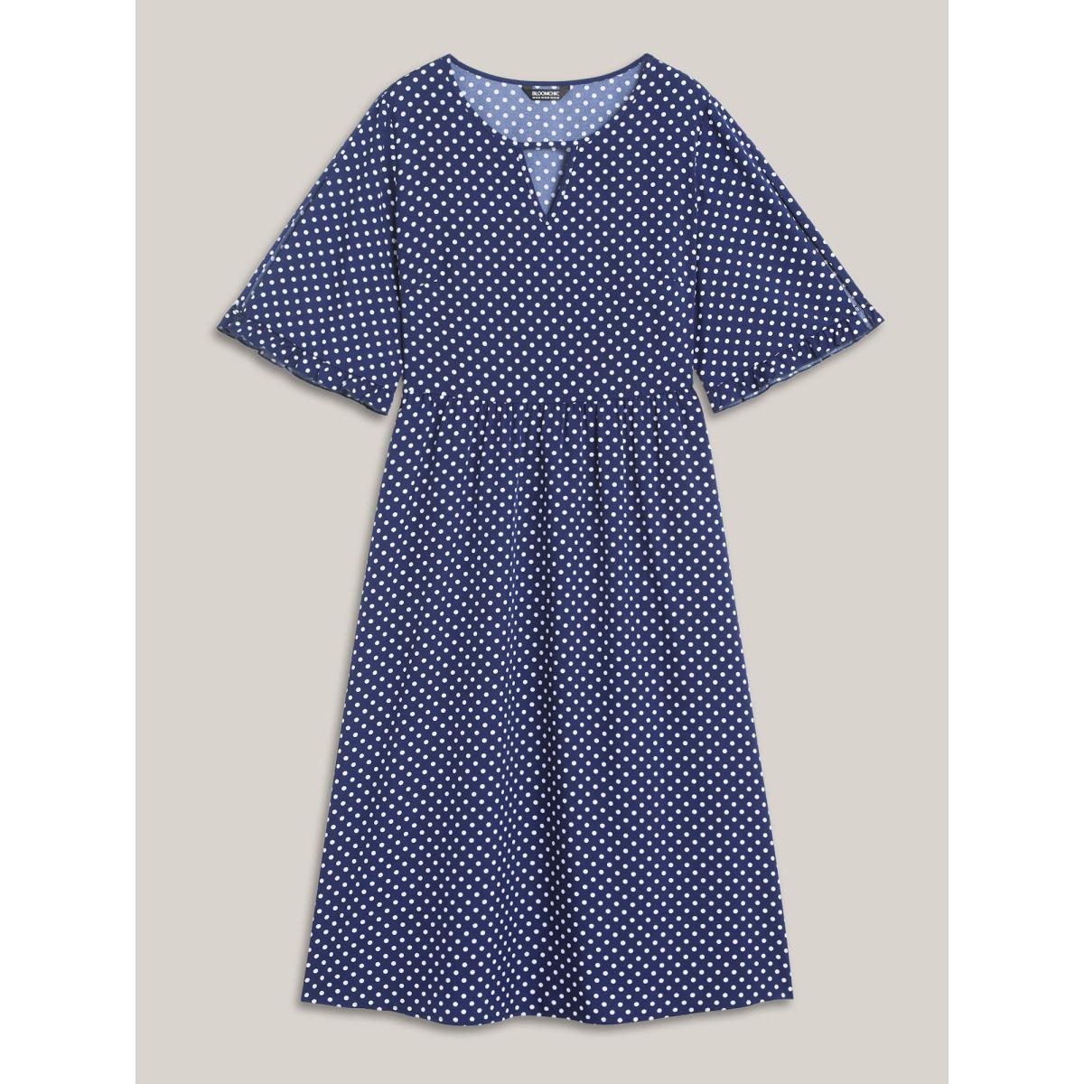 Plus Size Polka Dot Print Slit Sleeve Pockets Midi Dress Midnight Women At the Office Cut-Out Flat collar with V-notch Short sleeve Curvy BloomChic 26/4X Product Image