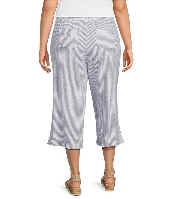 Westbound Plus Size Blue White Stripe Crop Linen Blend Pants Product Image