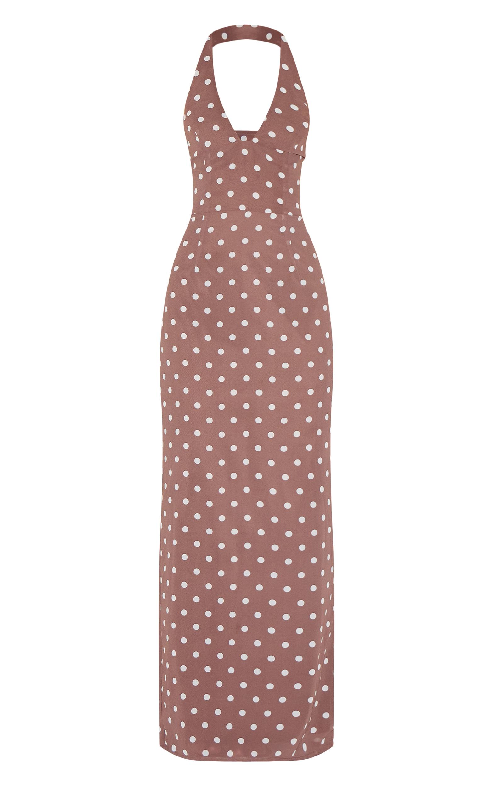 Chocolate Chiffon Polka Dot Printed Plunge Neck Maxi Dress Product Image