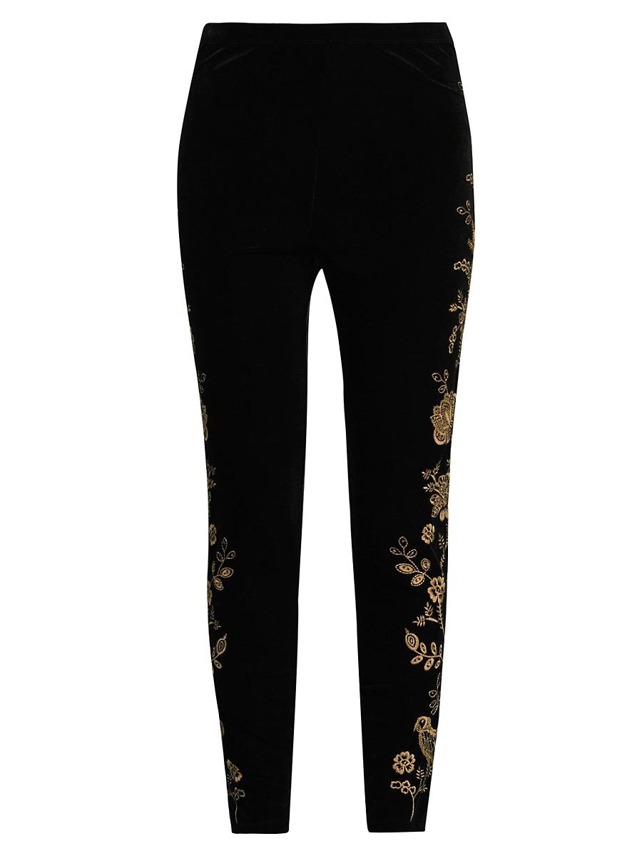 Womens Embroidered Stretch Velvet High-Rise Leggings Product Image