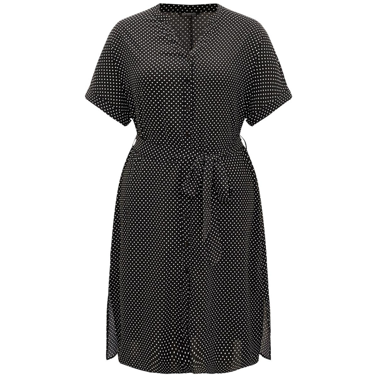 Plus Size Polka Dot Notched Split Hem Button Through Roll Sleeve Dress BlackFlower Women Office Belted Notched collar Short sleeve Curvy Midi Dress BloomChic 14-16/1X Product Image