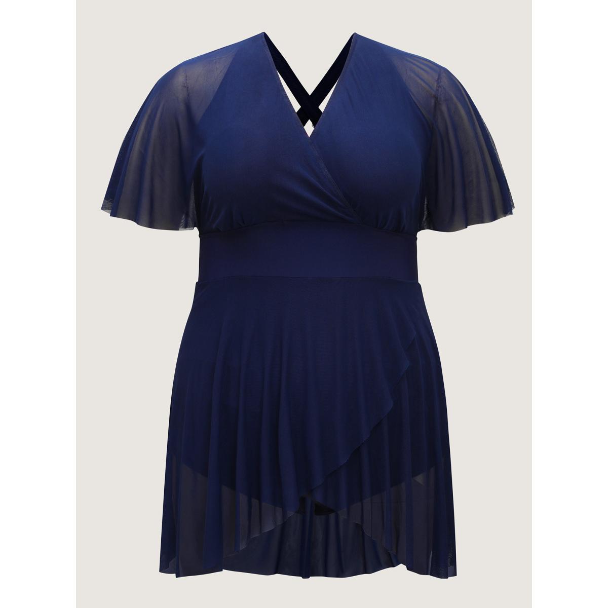 Plus Size Sheer Overlap Hem Surplice Swim Dress Women's Swimwear Indigo Beach Bodycon Overlap Collar High stretch Curve Swim Dresses BloomChic 12/L Product Image