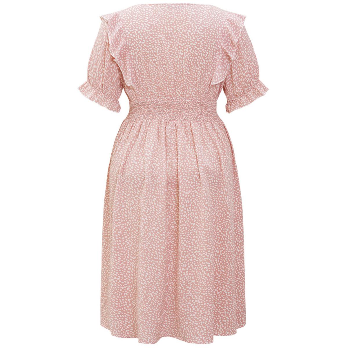 Plus Size Leopard Ruffle Trim Pocket Shirred Puff Sleeve Dress DustyPink Women Elegant Lined V-neck Short sleeve Curvy Midi Dress BloomChic 26/4X Product Image