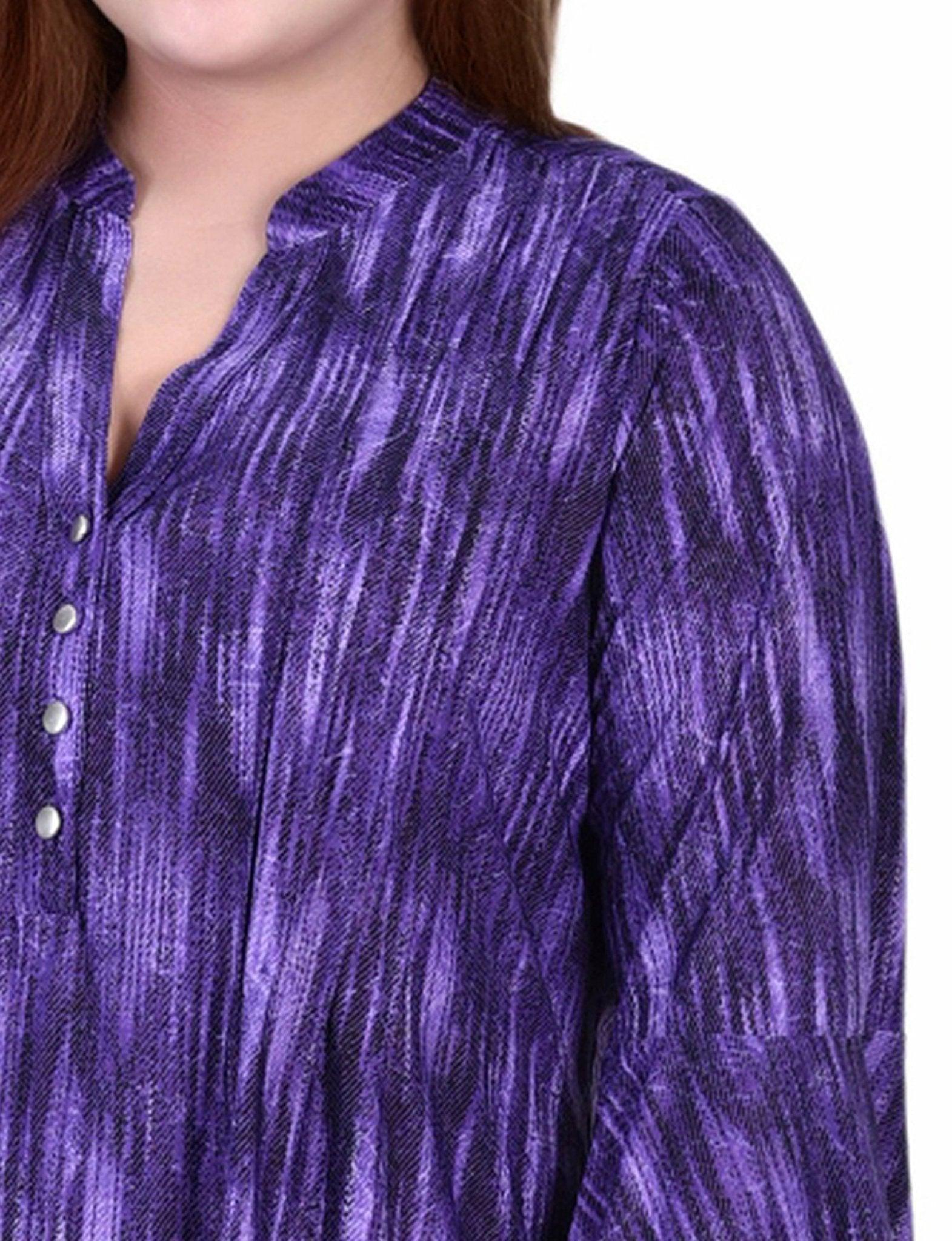 Purple Stripe 3/4 Bell Sleeve Pleat Front Y Neck Top - Plus Product Image