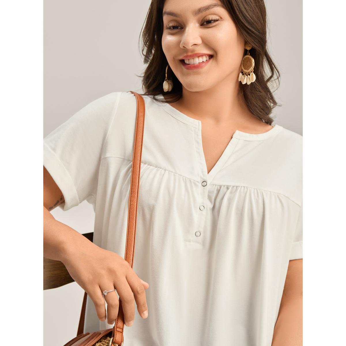 Plus Size Button Placket Split Neck Pleated T-Shirt Originalwhite Women Gathered Notched collar Vacation T-shirts BloomChic 12/L Product Image