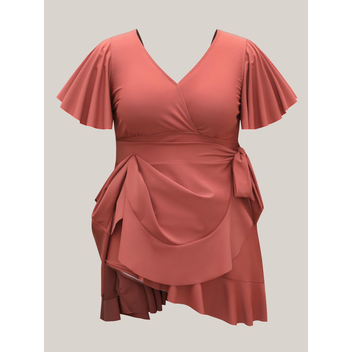 Plus Size Side Tie Ruffled Tiered Swim Dress Women's Swimwear Rust Beach Bodycon Overlap Collar High stretch Curve Swim Dresses BloomChic 10/M Product Image