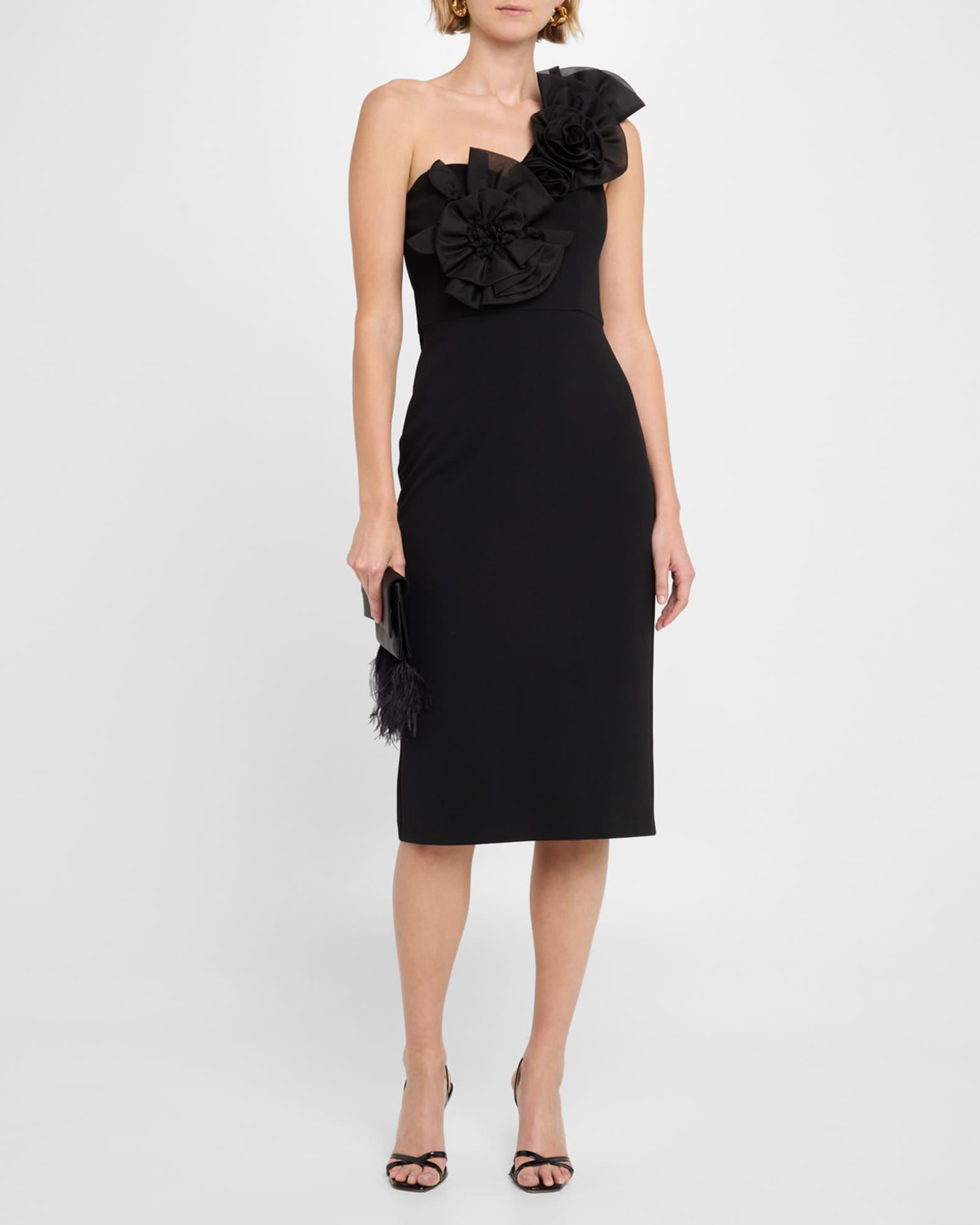 One-Shoulder Floral Applique Crepe Midi Dress Product Image