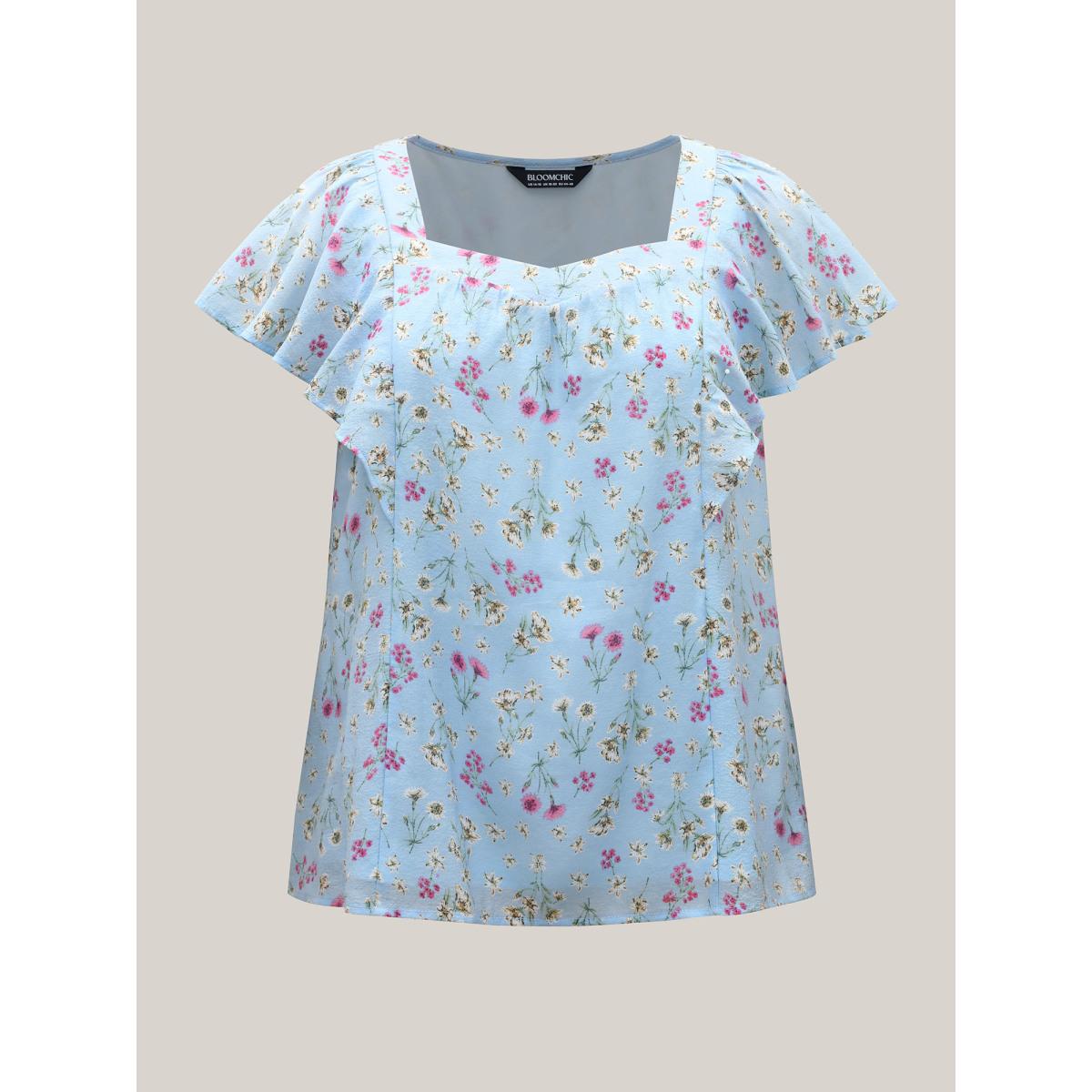 Plus Size LightBlue Floral Print Ruffled Flowy Blouse Women Cap Sleeve Square Neck Elegant Blouses BloomChic 22-24/3X Product Image