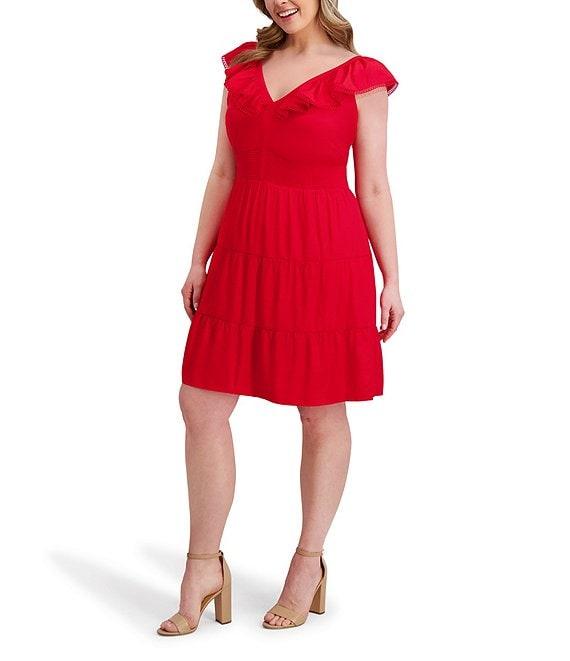Kensie Plus Size Ruffle Neck Short Sleeve Dress Product Image