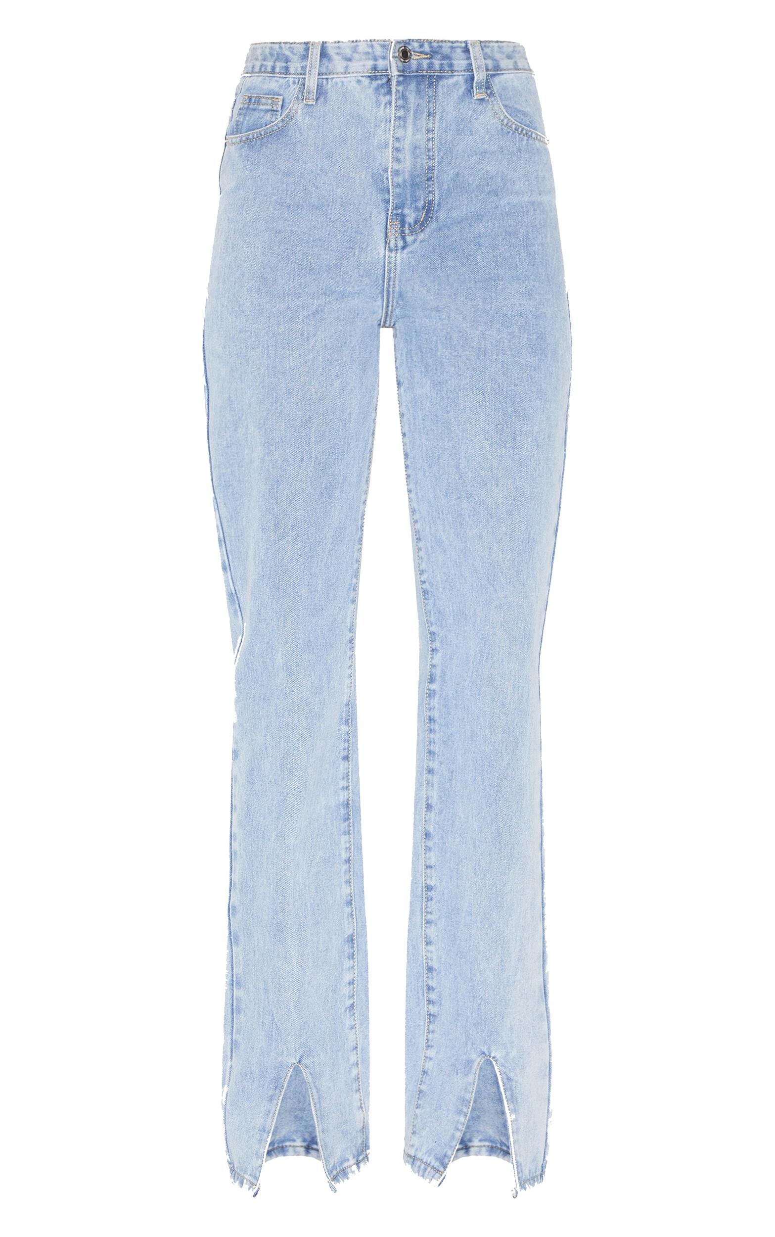 Light Blue Wash Front Split Long Leg Straight Jeans Product Image