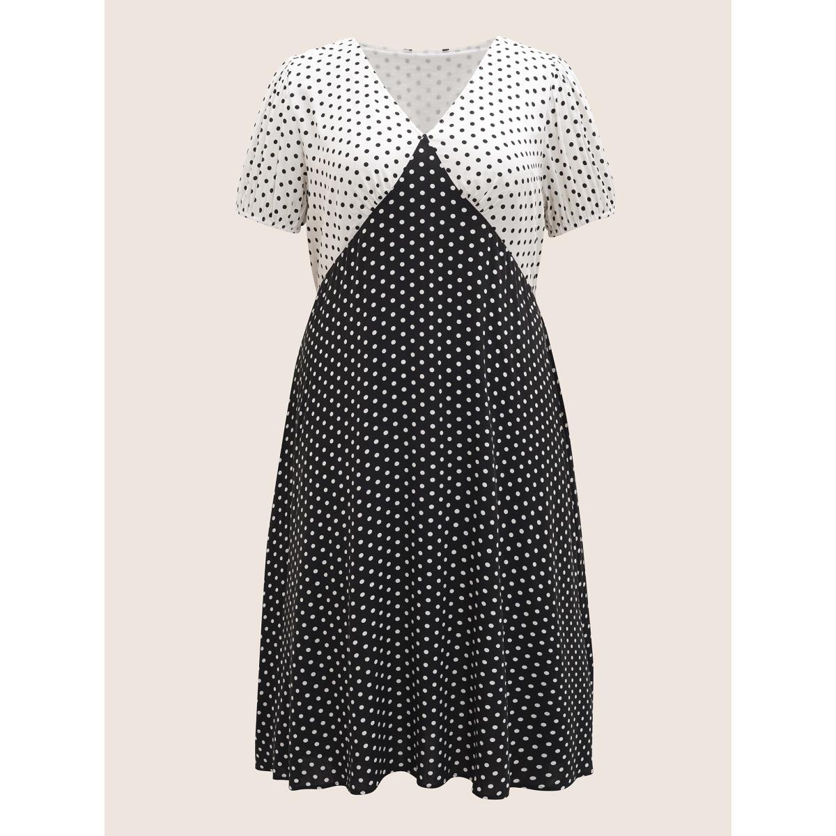 Plus Size Polka Dot Contrast Lantern Sleeve Midi Dress Black Women At the Office Contrast V-neck Short sleeve Curvy BloomChic 12/L Product Image