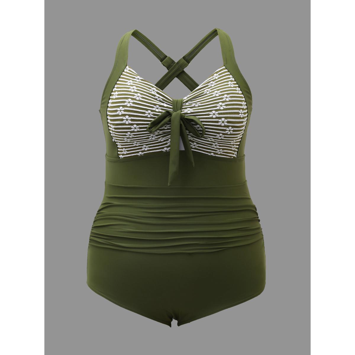 Plus Size Striped Adjustable Bow-Front One-Piece Swimsuit Women's Swimwear ArmyGreen Beach Gathered Curve Bathing Suits High stretch One Pieces BloomChic 18-20/2X Product Image